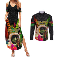 Vanuatu Independence Day Couples Matching Summer Maxi Dress and Long Sleeve Button Shirt Boars Tusk and Melanesian Warrior Indipendens Dei LT03 Black - Polynesian Pride