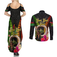 Vanuatu Independence Day Couples Matching Summer Maxi Dress and Long Sleeve Button Shirt Boars Tusk and Melanesian Warrior Indipendens Dei LT03 - Polynesian Pride