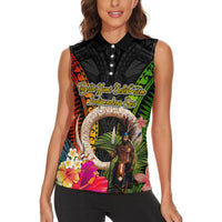Vanuatu Independence Day Women Sleeveless Polo Shirt Boars Tusk and Melanesian Warrior Indipendens Dei