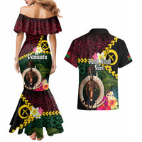 Vanuatu Indipendens Dei Couples Matching Mermaid Dress and Hawaiian Shirt Boars Tusk and Melanesian Warrior Hibiscus