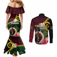 Vanuatu Indipendens Dei Couples Matching Mermaid Dress and Long Sleeve Button Shirt Boars Tusk and Melanesian Warrior Hibiscus LT03 - Polynesian Pride