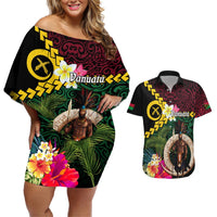Vanuatu Indipendens Dei Couples Matching Off Shoulder Short Dress and Hawaiian Shirt Boars Tusk and Melanesian Warrior Hibiscus LT03 Black - Polynesian Pride