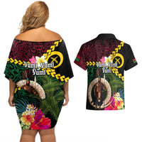Vanuatu Indipendens Dei Couples Matching Off Shoulder Short Dress and Hawaiian Shirt Boars Tusk and Melanesian Warrior Hibiscus LT03 - Polynesian Pride