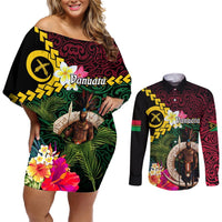 Vanuatu Indipendens Dei Couples Matching Off Shoulder Short Dress and Long Sleeve Button Shirt Boars Tusk and Melanesian Warrior Hibiscus LT03 Black - Polynesian Pride