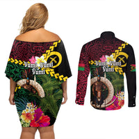 Vanuatu Indipendens Dei Couples Matching Off Shoulder Short Dress and Long Sleeve Button Shirt Boars Tusk and Melanesian Warrior Hibiscus LT03 - Polynesian Pride