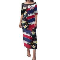 Hawaiian Flag Day Family Matching Puletasi and Hawaiian Shirt Tropical Flowers and Leaves LT03 Mom's Dress Black - Polynesian Pride