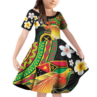 Vanuatu and Papua New Guinea Together Family Matching Off Shoulder Short Dress and Hawaiian Shirt Bird-of-paradise and Pig Tusk Melanesian Pattern LT03 Daughter's Dress Black - Polynesian Pride