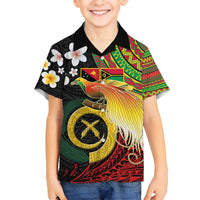 Vanuatu and Papua New Guinea Together Family Matching Off Shoulder Short Dress and Hawaiian Shirt Bird-of-paradise and Pig Tusk Melanesian Pattern LT03 Son's Shirt Black - Polynesian Pride