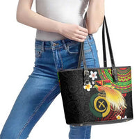 Vanuatu and Papua New Guinea Together Leather Tote Bag Bird-of-paradise and Pig Tusk Melanesian Pattern