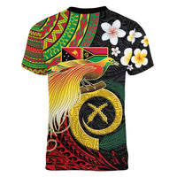 Vanuatu and Papua New Guinea Together Women V-Neck T-Shirt Bird-of-paradise and Pig Tusk Melanesian Pattern