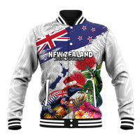 New Zealand Christmas Baseball Jacket Meri Kirihimete-Tuatara and Pohutukawa White Color