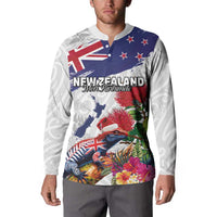 New Zealand Christmas Button Sweatshirt Meri Kirihimete-Tuatara and Pohutukawa White Color
