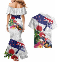 New Zealand Christmas Couples Matching Mermaid Dress and Hawaiian Shirt Meri Kirihimete-Tuatara and Pohutukawa White Color