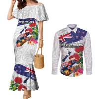 New Zealand Christmas Couples Matching Mermaid Dress and Long Sleeve Button Shirt Meri Kirihimete-Tuatara and Pohutukawa White Color