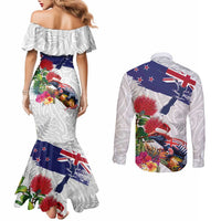 New Zealand Christmas Couples Matching Mermaid Dress and Long Sleeve Button Shirt Meri Kirihimete-Tuatara and Pohutukawa White Color