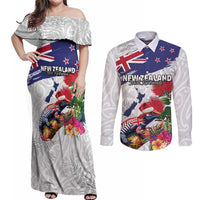 New Zealand Christmas Couples Matching Off Shoulder Maxi Dress and Long Sleeve Button Shirt Meri Kirihimete-Tuatara and Pohutukawa White Color