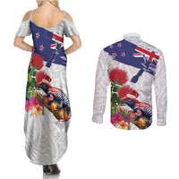 New Zealand Christmas Couples Matching Summer Maxi Dress and Long Sleeve Button Shirt Meri Kirihimete-Tuatara and Pohutukawa White Color