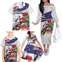 New Zealand Christmas Family Matching Off The Shoulder Long Sleeve Dress and Hawaiian Shirt Meri Kirihimete-Tuatara and Pohutukawa White Color