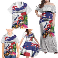 New Zealand Christmas Family Matching Off Shoulder Maxi Dress and Hawaiian Shirt Meri Kirihimete-Tuatara and Pohutukawa White Color