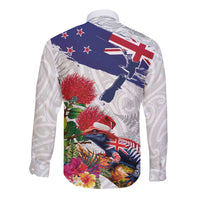 New Zealand Christmas Long Sleeve Button Shirt Meri Kirihimete-Tuatara and Pohutukawa White Color