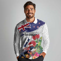 New Zealand Christmas Long Sleeve Polo Shirt Meri Kirihimete-Tuatara and Pohutukawa White Color