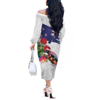 New Zealand Christmas Off The Shoulder Long Sleeve Dress Meri Kirihimete-Tuatara and Pohutukawa White Color