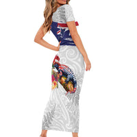 New Zealand Christmas Short Sleeve Bodycon Dress Meri Kirihimete-Tuatara and Pohutukawa White Color