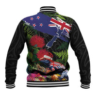 New Zealand Christmas Baseball Jacket Meri Kirihimete-Tuatara and Pohutukawa Black Color