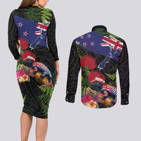 New Zealand Christmas Couples Matching Long Sleeve Bodycon Dress and Long Sleeve Button Shirt Meri Kirihimete-Tuatara and Pohutukawa Black Color