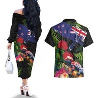 New Zealand Christmas Couples Matching Off The Shoulder Long Sleeve Dress and Hawaiian Shirt Meri Kirihimete-Tuatara and Pohutukawa Black Color