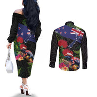 New Zealand Christmas Couples Matching Off The Shoulder Long Sleeve Dress and Long Sleeve Button Shirt Meri Kirihimete-Tuatara and Pohutukawa Black Color