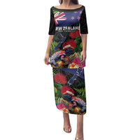 New Zealand Christmas Family Matching Puletasi and Hawaiian Shirt Meri Kirihimete-Tuatara and Pohutukawa Black Color