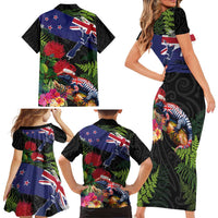 New Zealand Christmas Family Matching Short Sleeve Bodycon Dress and Hawaiian Shirt Meri Kirihimete-Tuatara and Pohutukawa Black Color