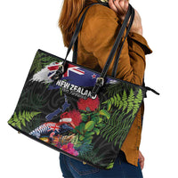 New Zealand Christmas Leather Tote Bag Meri Kirihimete-Tuatara and Pohutukawa Black Color