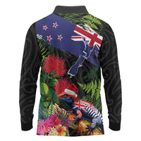 New Zealand Christmas Long Sleeve Polo Shirt Meri Kirihimete-Tuatara and Pohutukawa Black Color