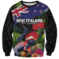 New Zealand Christmas Sweatshirt Meri Kirihimete-Tuatara and Pohutukawa Black Color