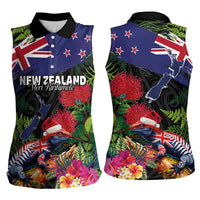 New Zealand Christmas Women Sleeveless Polo Shirt Meri Kirihimete-Tuatara and Pohutukawa Black Color
