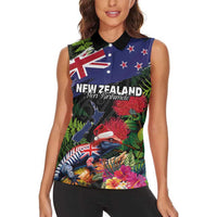 New Zealand Christmas Women Sleeveless Polo Shirt Meri Kirihimete-Tuatara and Pohutukawa Black Color