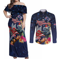 Australia and New Zealand Couples Matching Off Shoulder Maxi Dress and Long Sleeve Button Shirt Merry Christmas-Tuatara and Koala with Plants Xmas Style LT03 Navy - Polynesian Pride