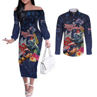 Australia and New Zealand Couples Matching Off The Shoulder Long Sleeve Dress and Long Sleeve Button Shirt Merry Christmas-Tuatara and Koala with Plants Xmas Style LT03 Navy - Polynesian Pride