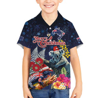 Australia and New Zealand Family Matching Off Shoulder Short Dress and Hawaiian Shirt Merry Christmas-Tuatara and Koala with Plants Xmas Style LT03 Son's Shirt Navy - Polynesian Pride