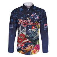 Australia and New Zealand Family Matching Summer Maxi Dress and Hawaiian Shirt Merry Christmas-Tuatara and Koala with Plants Xmas Style LT03 Dad's Shirt - Long Sleeve Navy - Polynesian Pride