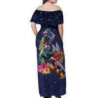 Australia and New Zealand Off Shoulder Maxi Dress Merry Christmas-Tuatara and Koala with Plants Xmas Style