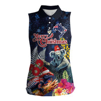 Australia and New Zealand Women Sleeveless Polo Shirt Merry Christmas-Tuatara and Koala with Plants Xmas Style LT03 Female Navy - Polynesian Pride