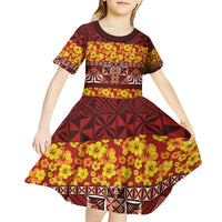 Samoa Siapo and Tapa Kid Short Sleeve Dress Pacific Tribal Pattern with Hibiscus Striped Style