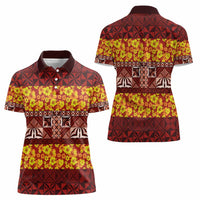Samoa Siapo and Tapa Women Polo Shirt Pacific Tribal Pattern with Hibiscus Striped Style