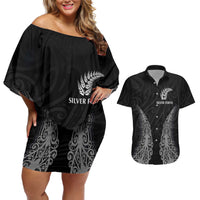 New Zealand Netball Couples Matching Off Shoulder Short Dress and Hawaiian Shirt Koru and Maori Tattoo Jersey LT03 Black - Polynesian Pride