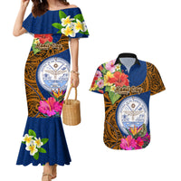 Personalised Marshall Islands Manit Day Couples Matching Mermaid Dress and Hawaiian Shirt Marshall Seal Mix Hibiscus Flower Maori Pattern Style LT03 Blue - Polynesian Pride