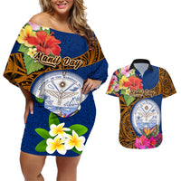 Personalised Marshall Islands Manit Day Couples Matching Off Shoulder Short Dress and Hawaiian Shirt Marshall Seal Mix Hibiscus Flower Maori Pattern Style LT03 Blue - Polynesian Pride