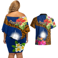 Personalised Marshall Islands Manit Day Couples Matching Off Shoulder Short Dress and Hawaiian Shirt Marshall Seal Mix Hibiscus Flower Maori Pattern Style LT03 - Polynesian Pride
